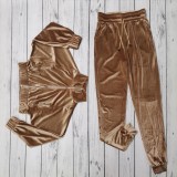 Khaki Velvet Zip Open Turndown Collar Top and Pants 2PCS Set