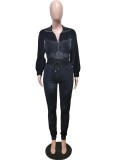 Black Velvet Zip Open Turndown Collar Top and Pants 2PCS Set