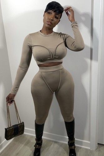 Khaki O-Neck Sheath Crop Top and Pants Two Piece Set