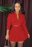 Red Turndown Collar V-Neck Blouse and Mini Pleated Skirt Two Piece Set