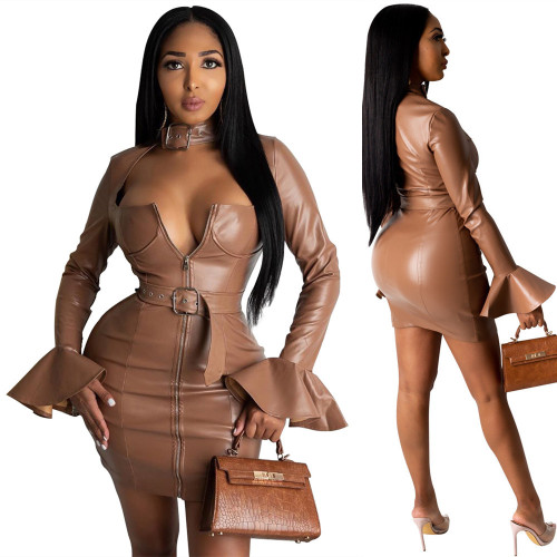 Sexy Brown PU Leather Mini Dress with Belt