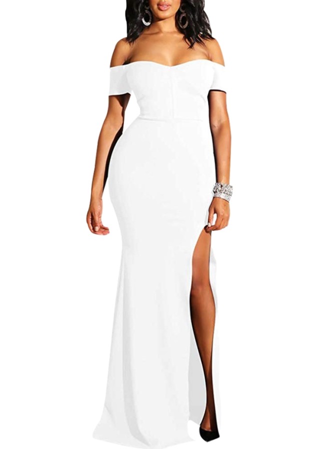 White Off Shoulder Hight Slit Evening Dress