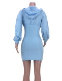 Blue Lace-Up Zipper Long Sleeve Hoody Dress