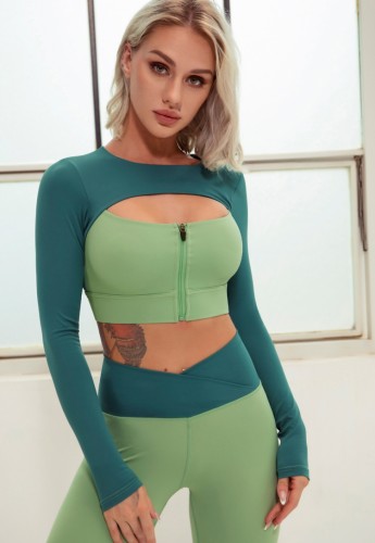 Contrast Color Keyhole Zipper Up Tight Long Sleeve Yoga Top