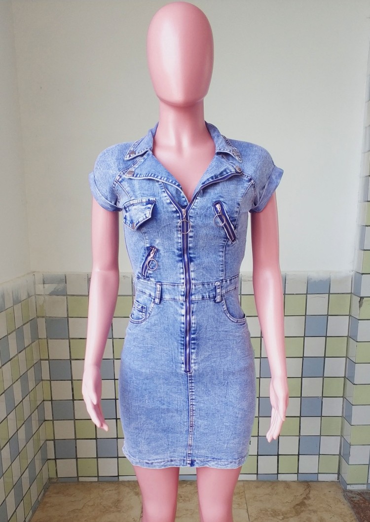 Girls Blue Denim Front Zipper Short Dress