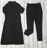 Black Ribbed Long Cardigan and High Waist Drawstring Pants Two Piece Set