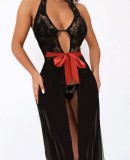 Black Lace Cut Out Hight Slit Long Dress With Red Belt