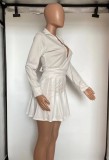 White Turndown Collar V-Neck Blouse and Mini Pleated Skirt Two Piece Set