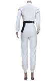 White Zipper Crop Top And Matching Pants Two Piece Set With Belt