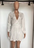 White Turndown Collar V-Neck Blouse and Mini Pleated Skirt Two Piece Set