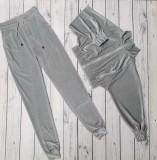 Gray Velvet Zip Open Turndown Collar Top and Pants 2PCS Set