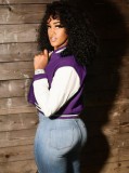 White and Purple Contrast Button Up Baseball Jacket
