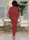 Red Deep-V Bat Sleeve Ruched High Waist Jumpsuit