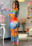 Colorful Print Turtleneck Long Sleeve Maxi Skinny Dress