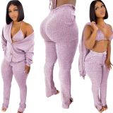 Hot Pink Knitted Bra Top + Cardigan + Pants 3PCS Set