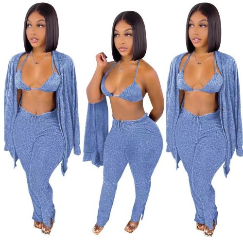 Light Blue Knitted Bra Top + Cardigan + Pants 3PCS Set