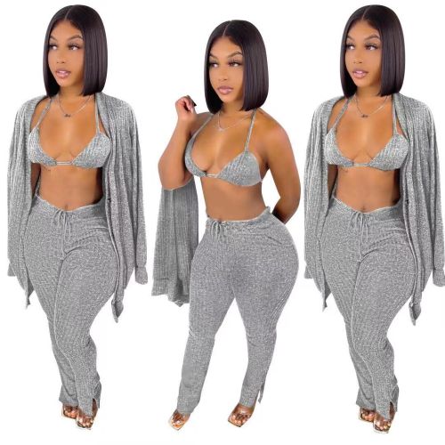 Light Gray Knitted Bra Top + Cardigan + Pants 3PCS Set