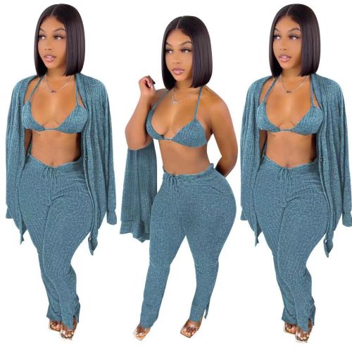 Smoky Blue Knitted Bra Top + Cardigan + Pants 3PCS Set