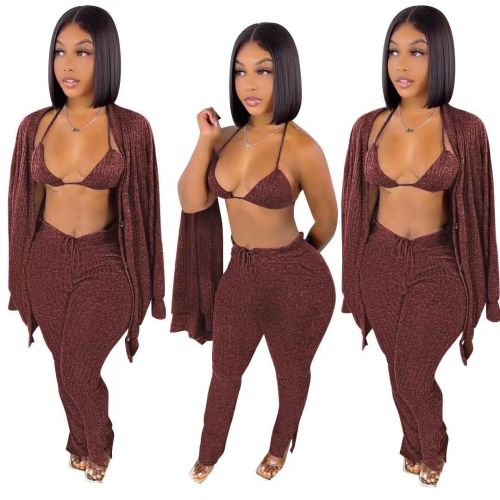 Brown Knitted Bra Top + Cardigan + Pants 3PCS Set