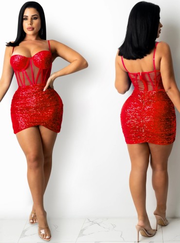 Red Sequins Cami Wrap Mini Bustier Dress