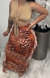 Leopard Print High Waist Ruffles Long Curvy Skirt