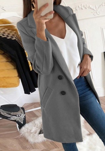 Grey Turndown Collar Double Breast Long Coat with Pocket