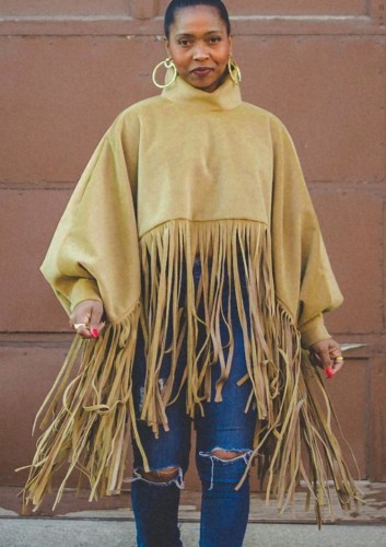 Plus Size Khaki Fringe High Neck Puff Sleeve Wide Shirt