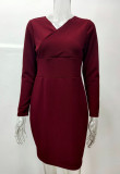 Burgunry Ribbed V-Neck High Waist Short Dress
