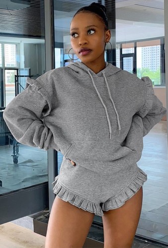 Grey Ruffles Pullover Hoody Top and Shorts 2 Piece Tracksuit