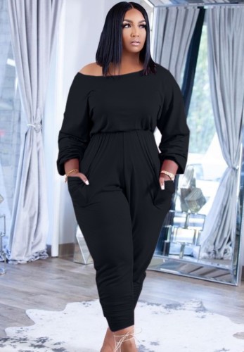 Black Long Sleeves Loose Jumpsuit with Pockets