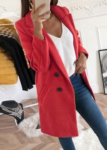 Red Turndown Collar Double Breast Long Coat with Pocket