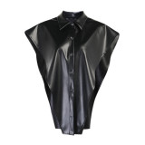Black PU Leather Irregular Slit Top