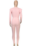 Pink Ribbed Long Sleeve Crop Top and Pants 2PCS Set