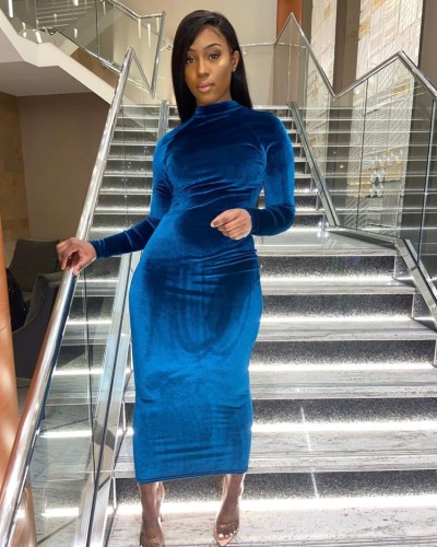 Blue Velvet Long Sleeve Slim Fit Maxi Dress