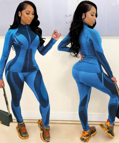 Blue Contrast Zipper Up Slinky Top and Pants Two Piece Set