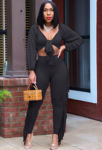 Black Knotted Crop Top and Ruffles Pants 2PCS Set