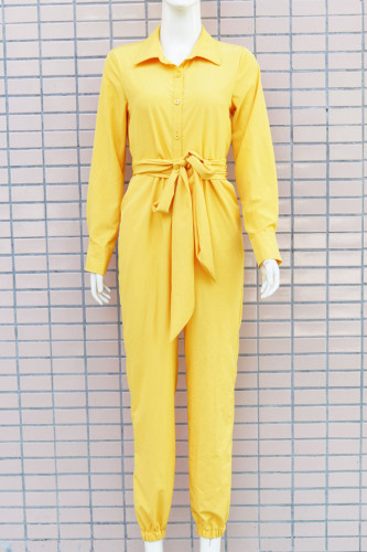 Yellow Button Up Blouse Jumpsuit with Belt