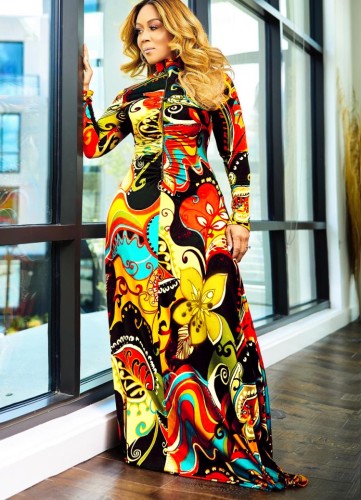 Colorful Floral Print Long Sleeve Turtleneck Maxi Dress