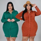 Plus Size Button Up Green Tight Blouse Dress
