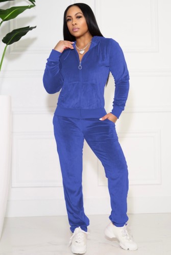 Blue Velour Zipper Up Hoody Top and Pants Two Piece Set