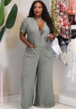 Grey Button Up Short Sleeves Loose Jumpsuit with Pockets