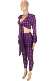 Print Purple knotted V-Neck Crop Top and Fitted Pants 2PCS Set