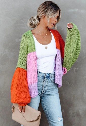 Contrast Color Puff Sleeve Sweater Cardigans