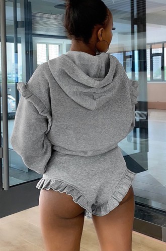 Grey Ruffles Pullover Hoody Top and Shorts 2 Piece Tracksuit