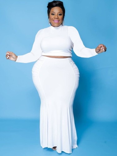 Plus Size White Fitted Crop Top and Maxi Mermaid Skirt 2PCS Set