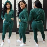 Green Velour Zipper Hoodies and Pants 2 Piece Tracksuit