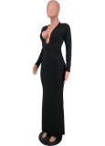 Deep-V Knit Black Long Dress
