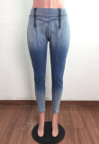 Blue Gradient Zipper  High Waist Slim Fit Jeans