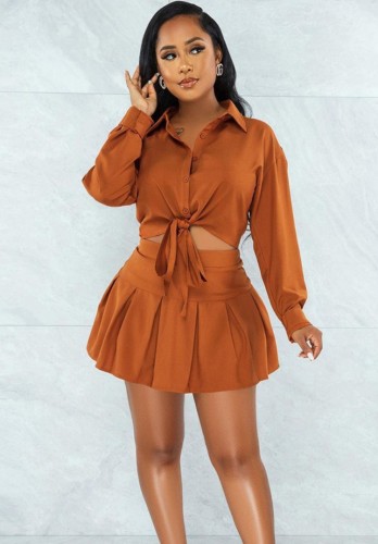 Brown Knotted Blouse and Pleated Skirt 2PCS Set