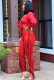 Red Knotted Crop Top and Ruffles Pants 2PCS Set